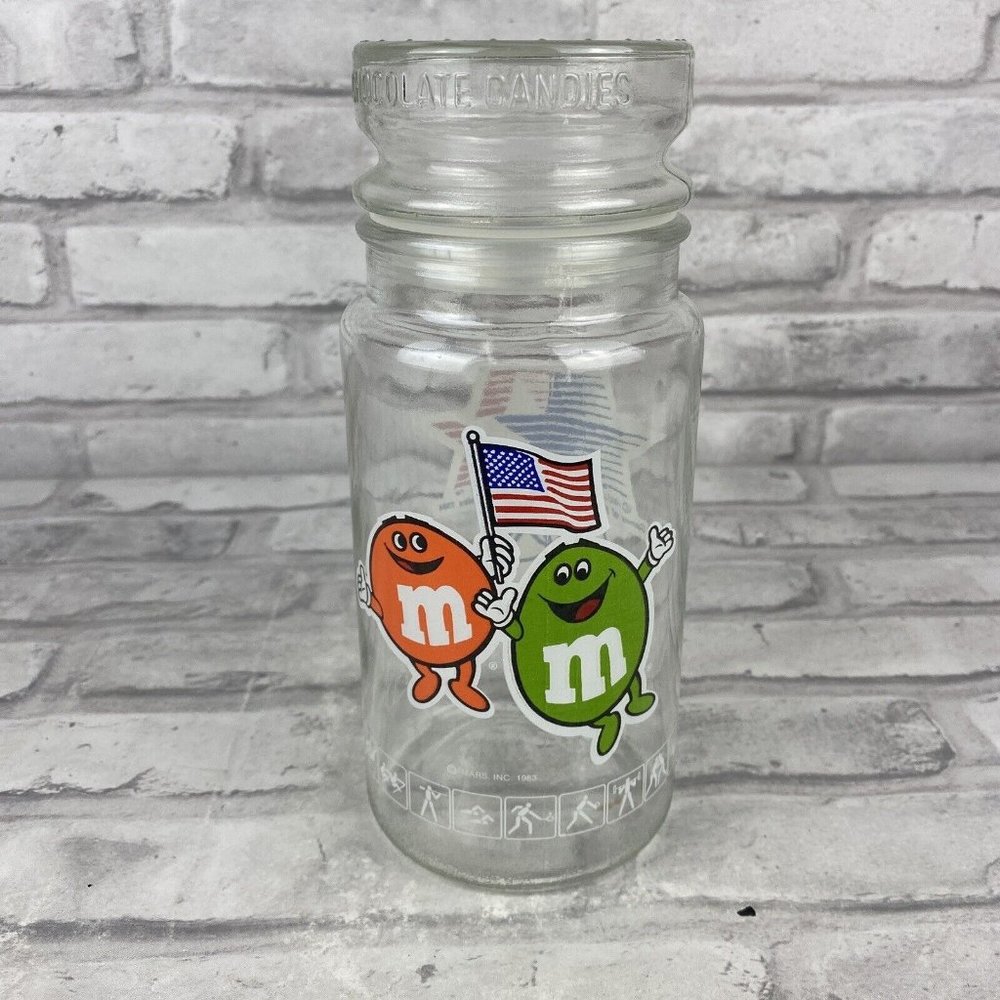M&M's Mars 1984 L.A. Olympic Games Collectible Glass Jar w/ Lid Vintage 1981
